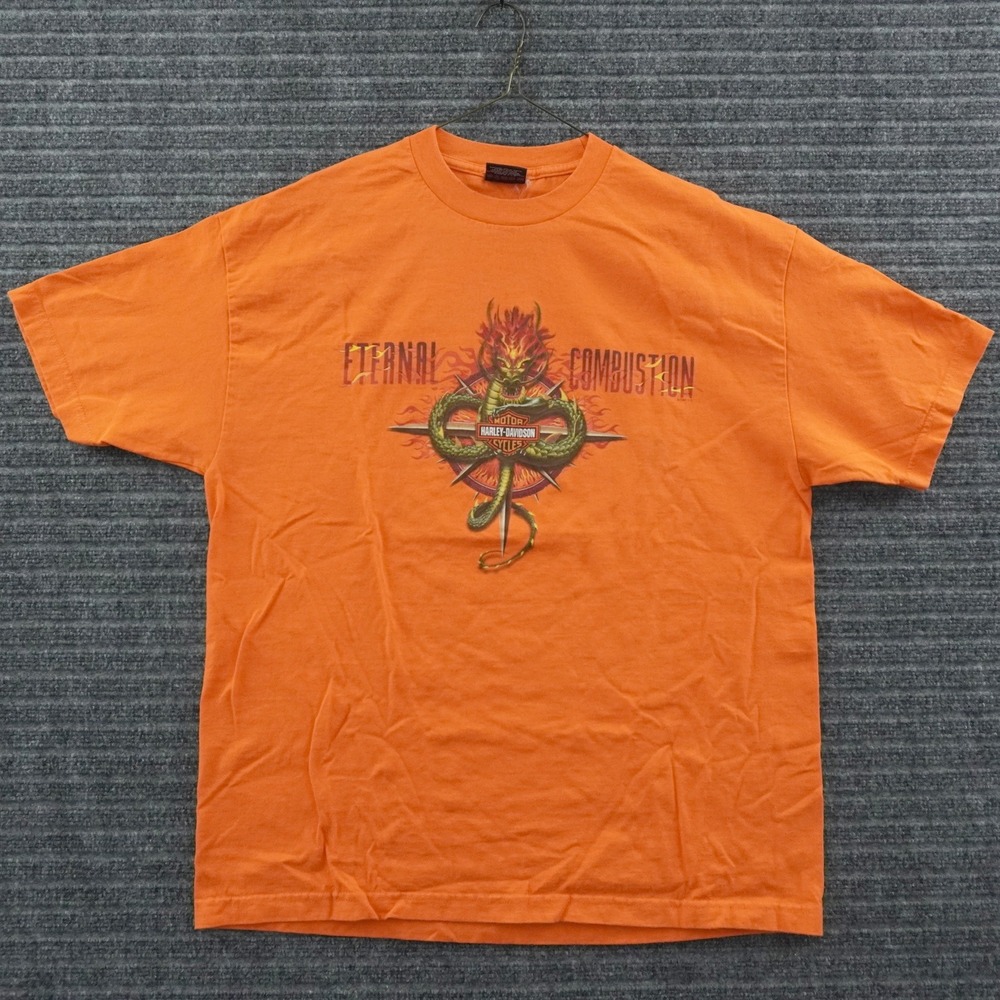 Vintage Harley-Davidson T-Shirt Mens XL Orange Eternal Combustion Dragon Graphic
